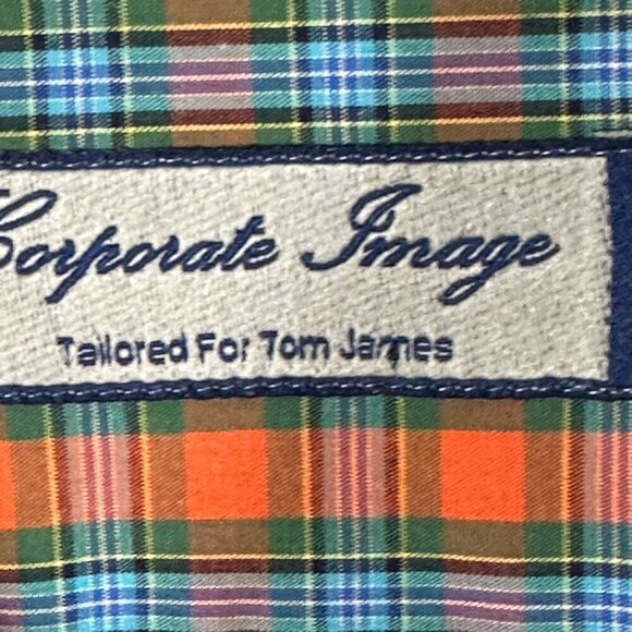 Corporate  Image for Tom James Shirt Mens XL Orange Blue Plaid Button Up - Picture 4 of 7